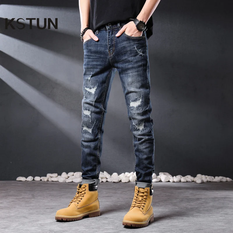 

Hip Hop Jeans Men Slim Straight Dark Blue Stretch Distressed Ripped Moto Biker Denim Pants Male Trousers Torn Destroyed Jeans