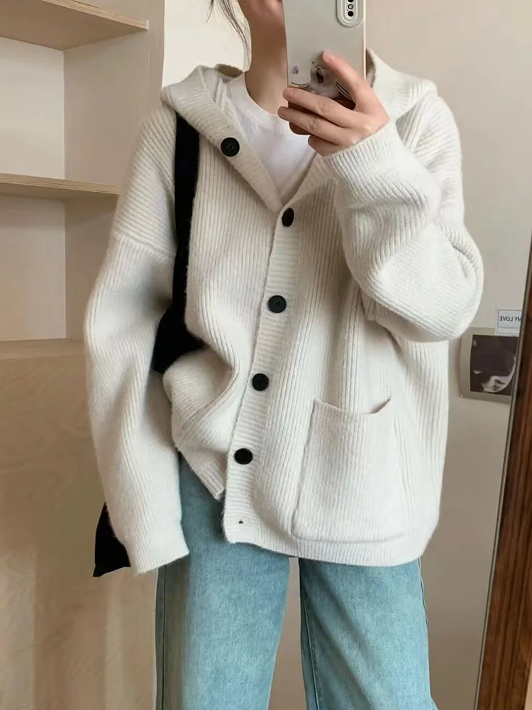 Осенне-зимний корейский свободный вязаный кардиган с капюшоном женский мягкий