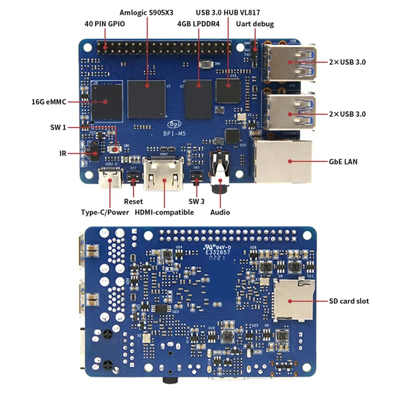 

Для Banana Pi BPI M5 S905X3 4 Гб + 16 Гб EMMC + чехол + вентилятор + теплоотвод + HD-кабель + питание + SD-карта + кардридер макетная плата с американской вилкой