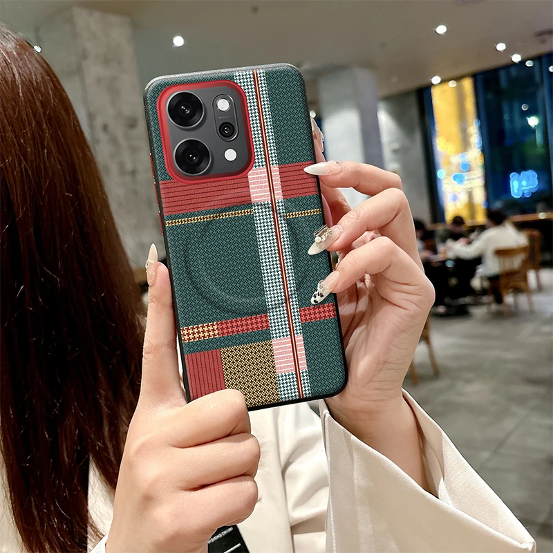Фото Чехол для Oppo Reno14 Pro, красный, зеленый, в полоску, кожаный чехол Magsafe, индивидуальные металлические ключи, матовый, противоскользящий, мягкий чехол №4