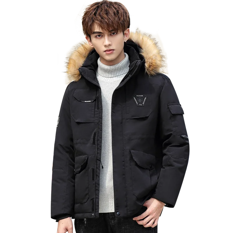 Men's fashion casual plus velvet thickened hooded down jacket duck down removable cap three-color optional duck down jacket