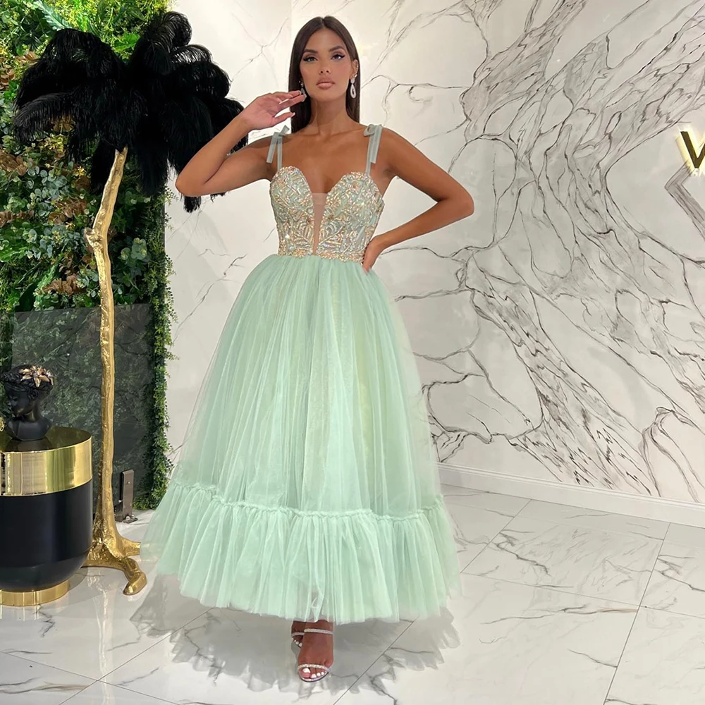 

Ankle-Length Prom Dresses For Women 2022 Spaghetti Straps Sleeveless Tulle Party Gowns Beading Appliques A-Line Evening Dress