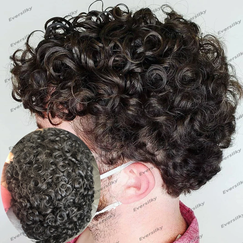 18mm Curly Men Toupee Wigs 0.06mm Microskin Invisible Vlooped Full Skin Pu Base Men Human Hair Prosthesis