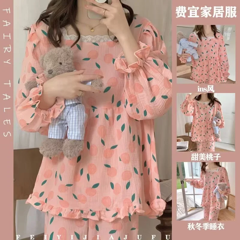 Lace Bow Pajamas Set Full Sleeve T-shirt Long Pants 2Piece/Set Sexy Soft Princess Pyjama Big Size Homewear Cozy Plus Sleepwear