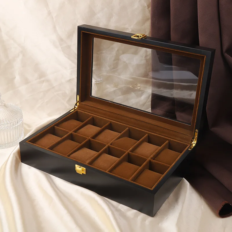Wooden Watch Box Wood Case Casket Display Box Window Watches Organizer Black Brown Cabinet Packing 12 Dust-Proof Storage Boxes
