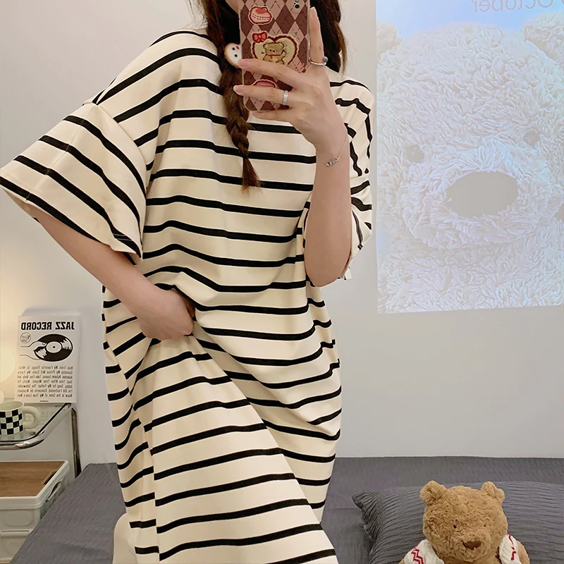 Summer Nightgowns & Sleepshirts Stripe Women's Short Cotton Sleepwear Home Nightshirt Women Causal Loose Ladies Long Women Dress