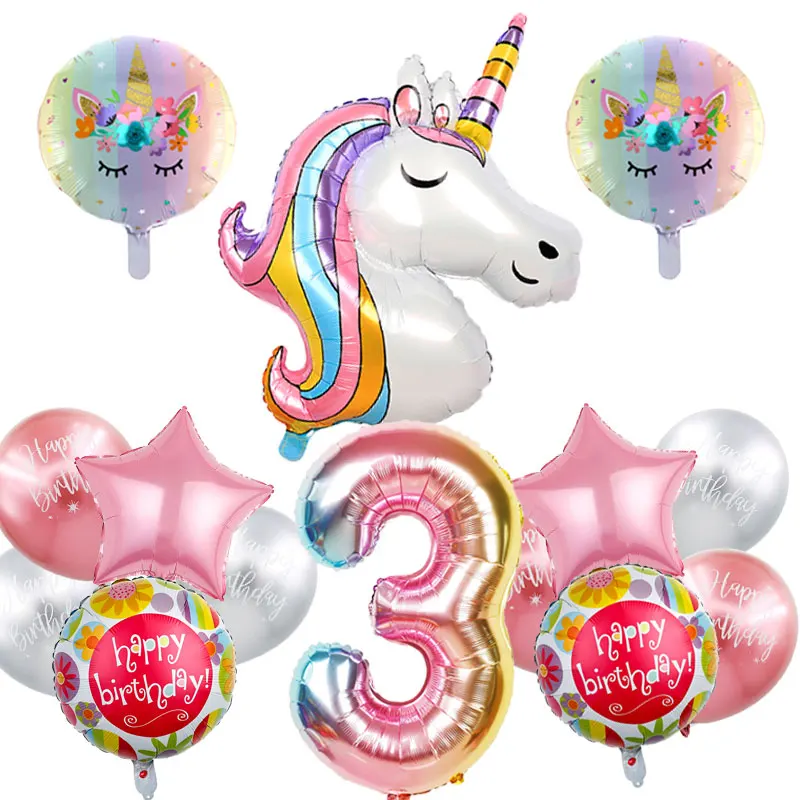 

14pcs Rainbow Unicorn Balloons Pink Number Birthday Party Decoration Kids Unicorn Party Balloons Baby Shower Helium Foil Globos