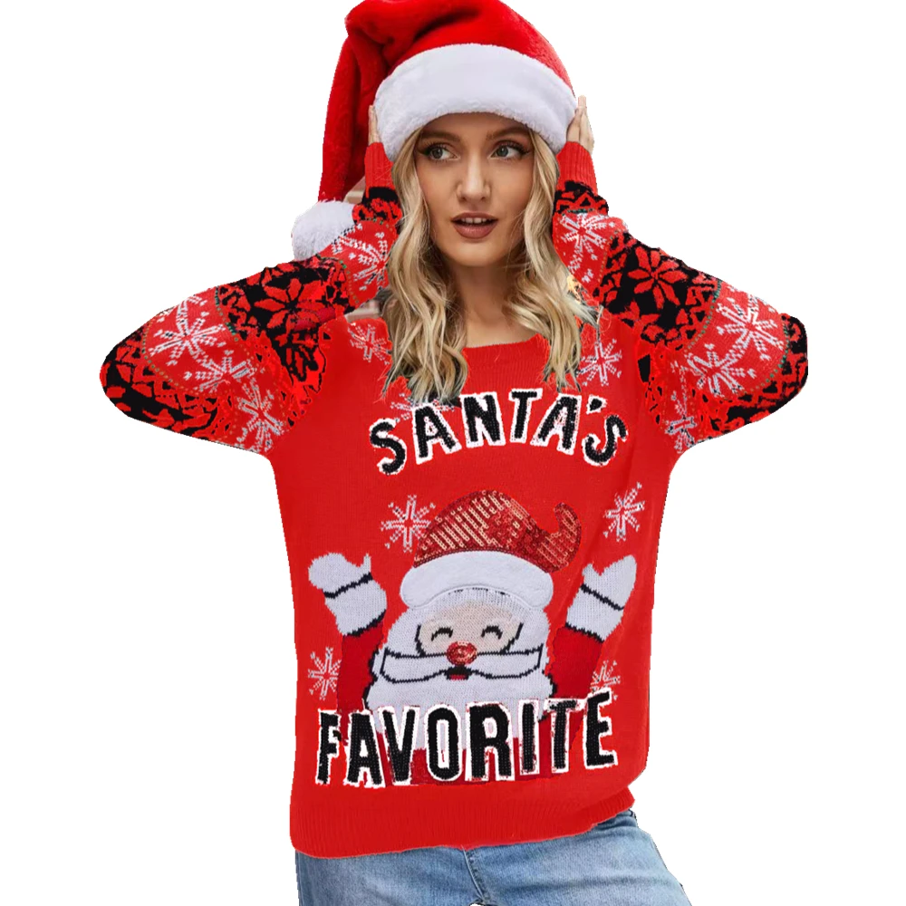 

Женский Рождественский вязаный джемпер с длинным рукавом и круглым вырезом