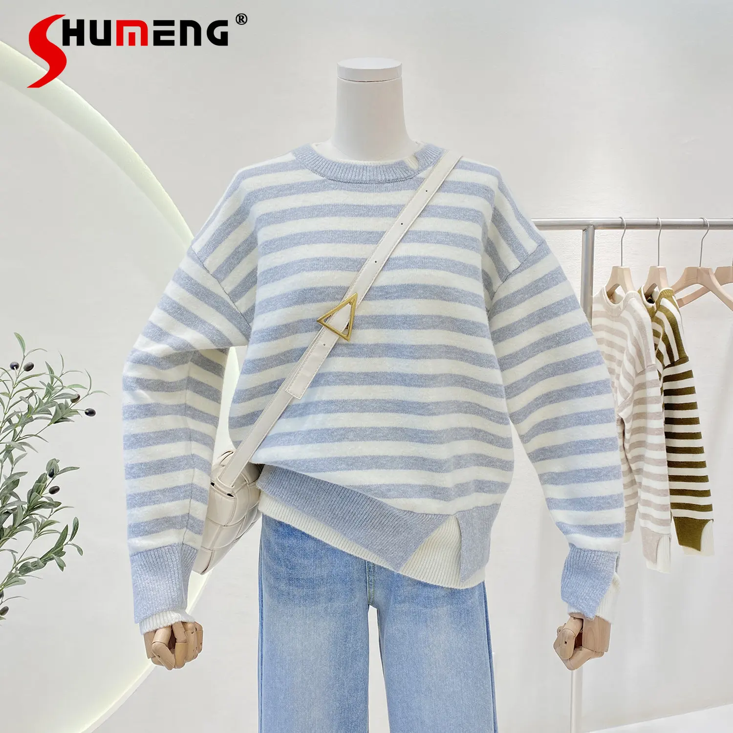 

Имитация двух частей Модный Полосатый пуловер с вырезом лодочкой свитер для женщин Корейская Новинка Зима 2022 утолщенный Теплый Мягкий Вязаный топ