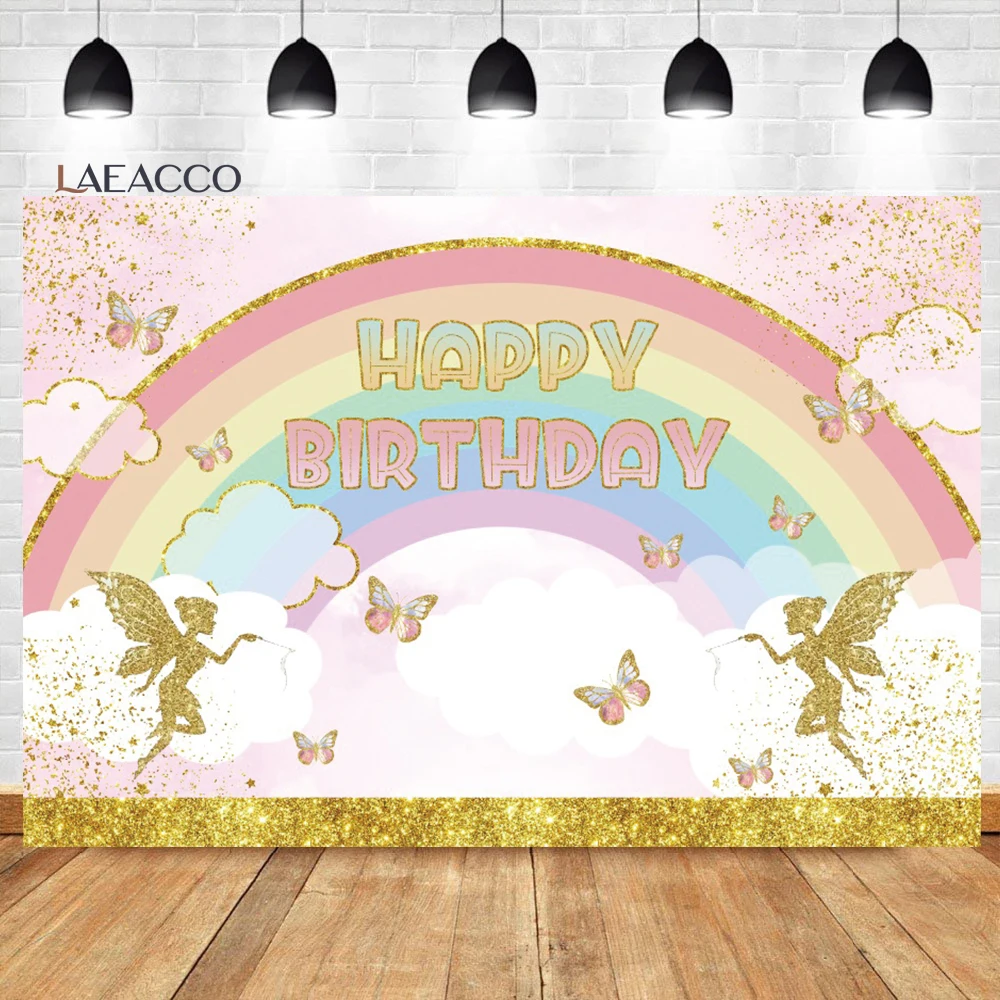 

Laeacco Dreamy Fairy Rainbow Butterfly Rainbow Birthday Photo Background Baby Princess Portrait Customized Photography Backdrops