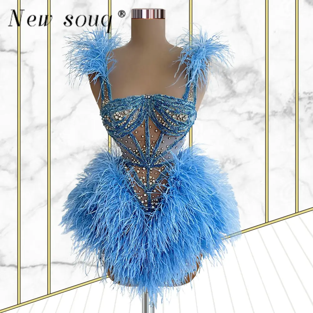 

Blue Sexy Spaghetti Straps Feathers Short Prom Gowns Crystals African Black Girl Cocktail Party Homecoming Graduation Dresses