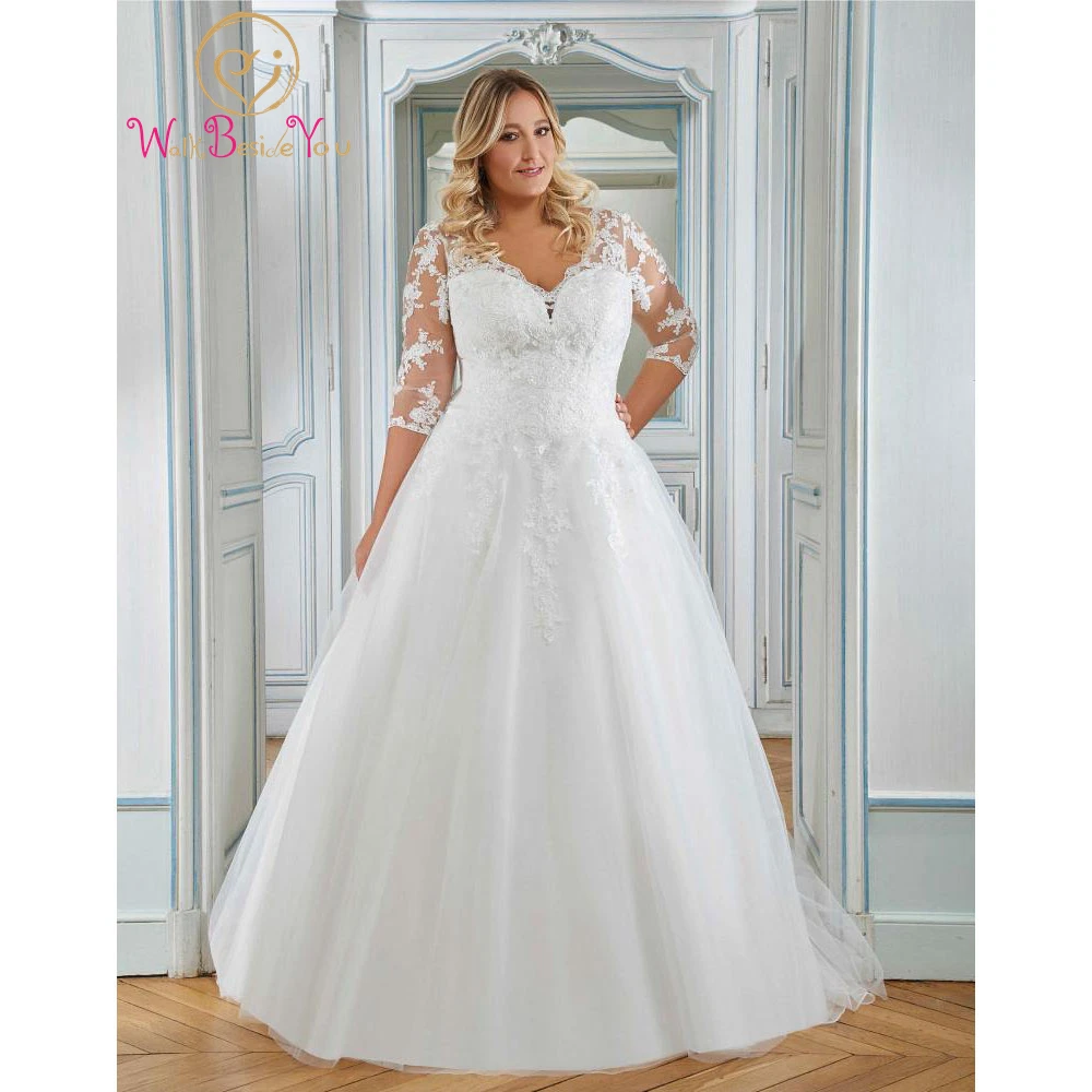 

Кружевное свадебное платье с бусинами, искусственное бальное платье, аппликация, V-образный вырез, длинная шапка, рукав 3/4, Элегантное свадебное платье с завышенной талией