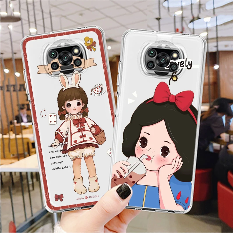 

Phone Case For Xiaomi Mi Poco X4 X3 NFC F4 F3 GT M4 M3 M2 X2 F2 F1 Pro C3 5G Snow White Alice Disney Transparent TPU Cover
