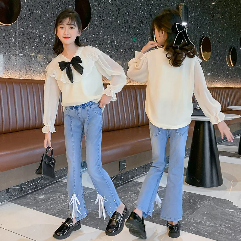 

2022 autumn new girls suit Western style bow shirt denim trousers suit