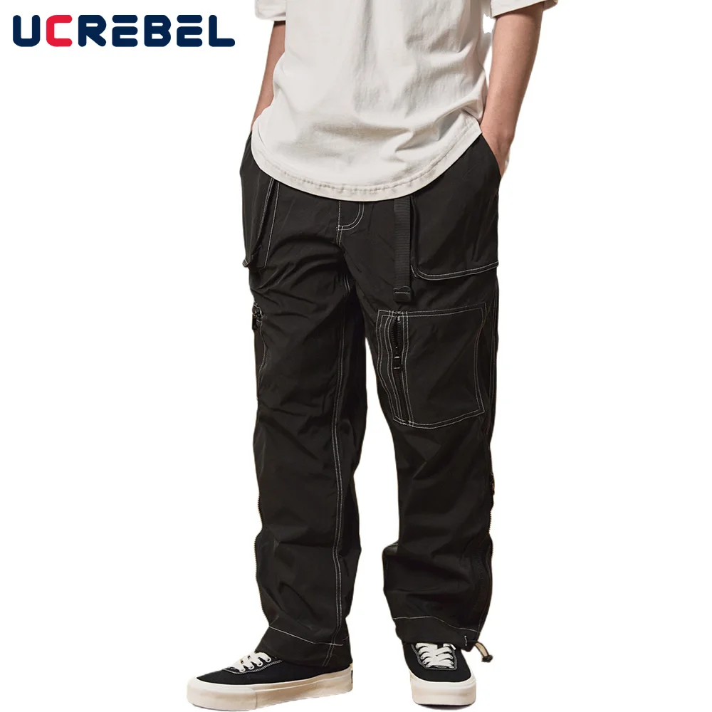 

Casual Multi-Pocket Cargo Pants Mens Elastic Waist Streetwear Loose with Belt Straight-leg Jogger Trousers
