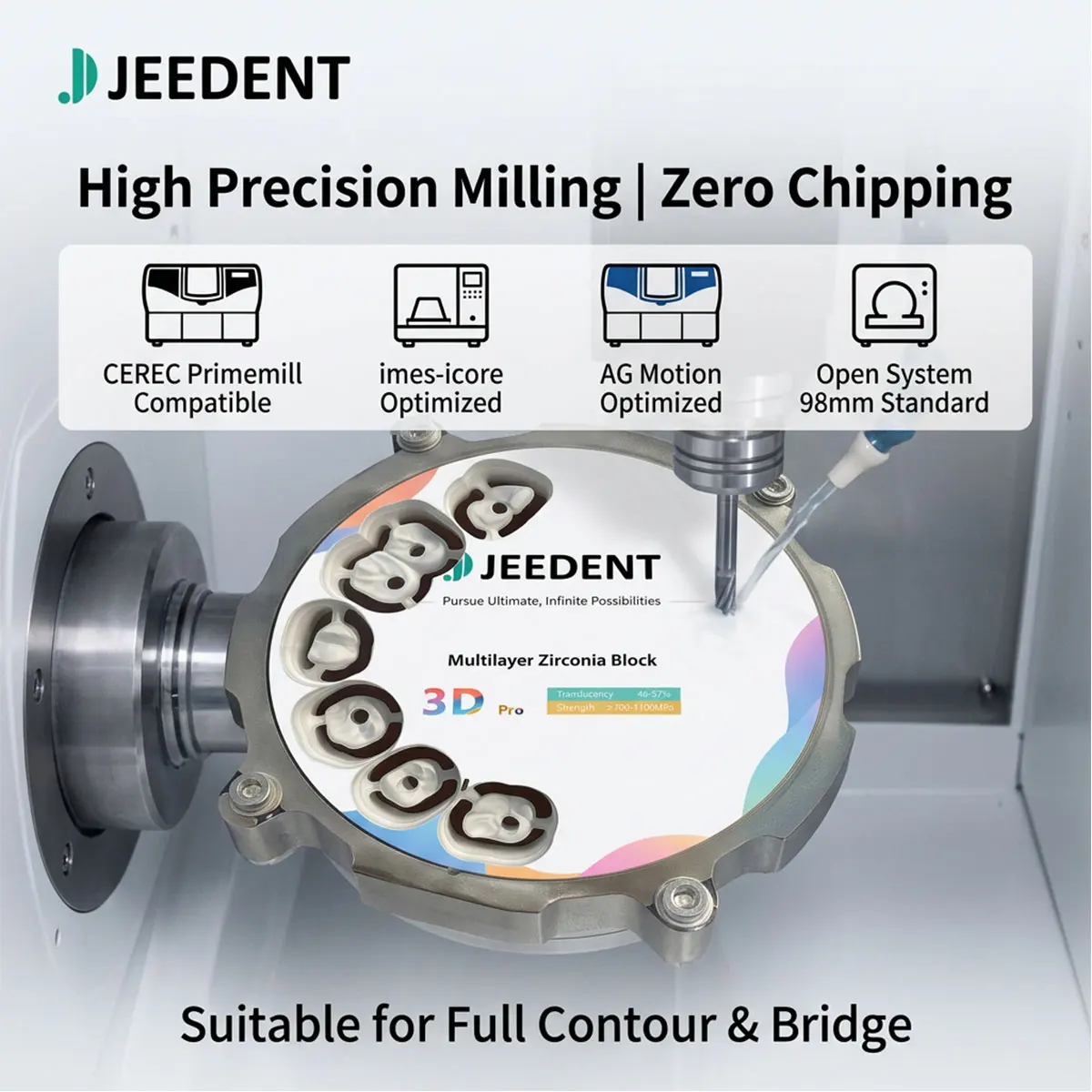 Фото JEEDENT 3DPRO 8-слойный многослойный циркониевый диск 98 мм для реставрации передних и задних коронок и мостов, 700-1100 МПа, 46-57% содержание циркония, лабораторный блок №4