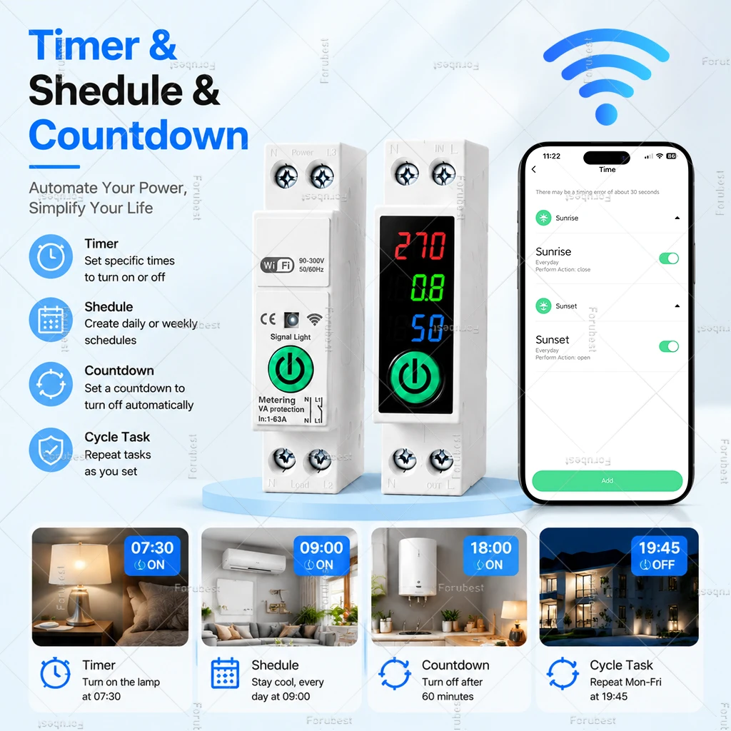 Фото Умный автоматический выключатель TUYA WiFi/ZigBee 63A с функцией измерения мощности, таймером, дистанционным управлением через приложение и реле защиты от перенапряжения и перегрузки по току. №5