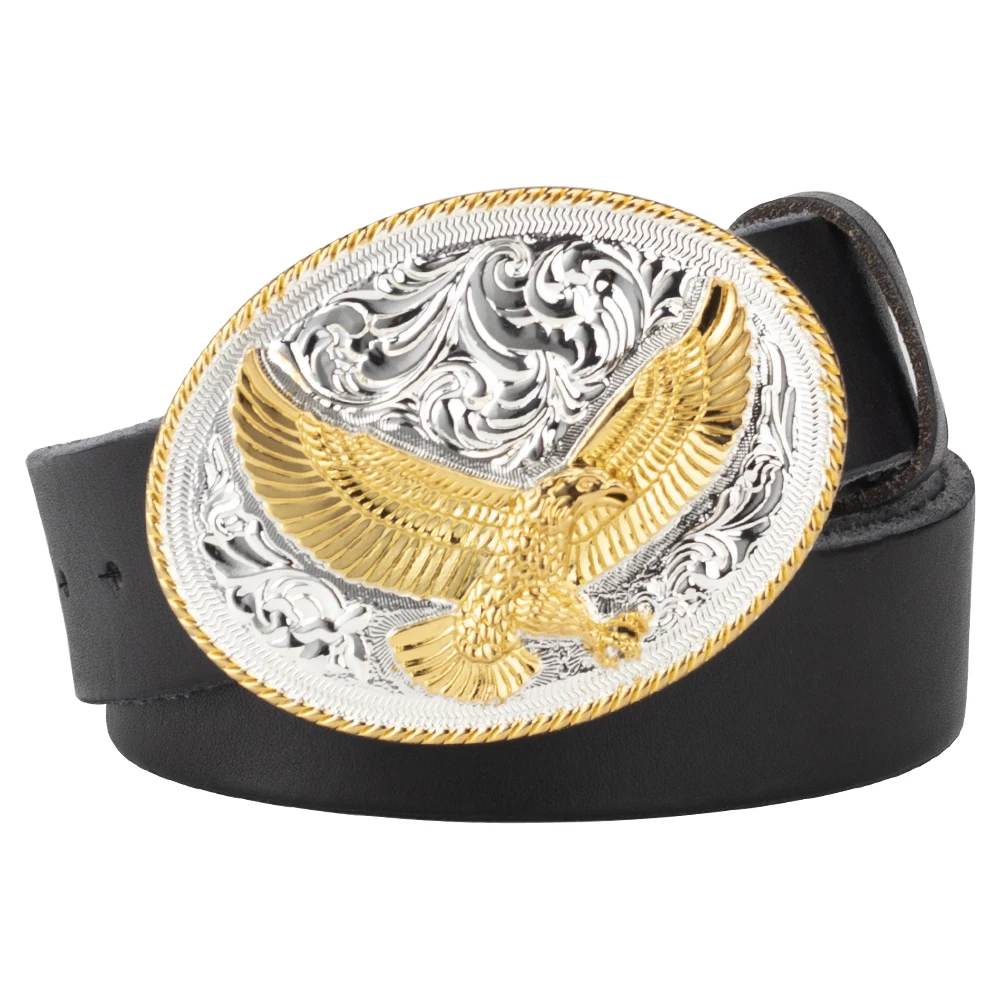 Gold Eagle Big Buckle Genuine Leather High Huality Cowskin Belt  Luxury Cowboy