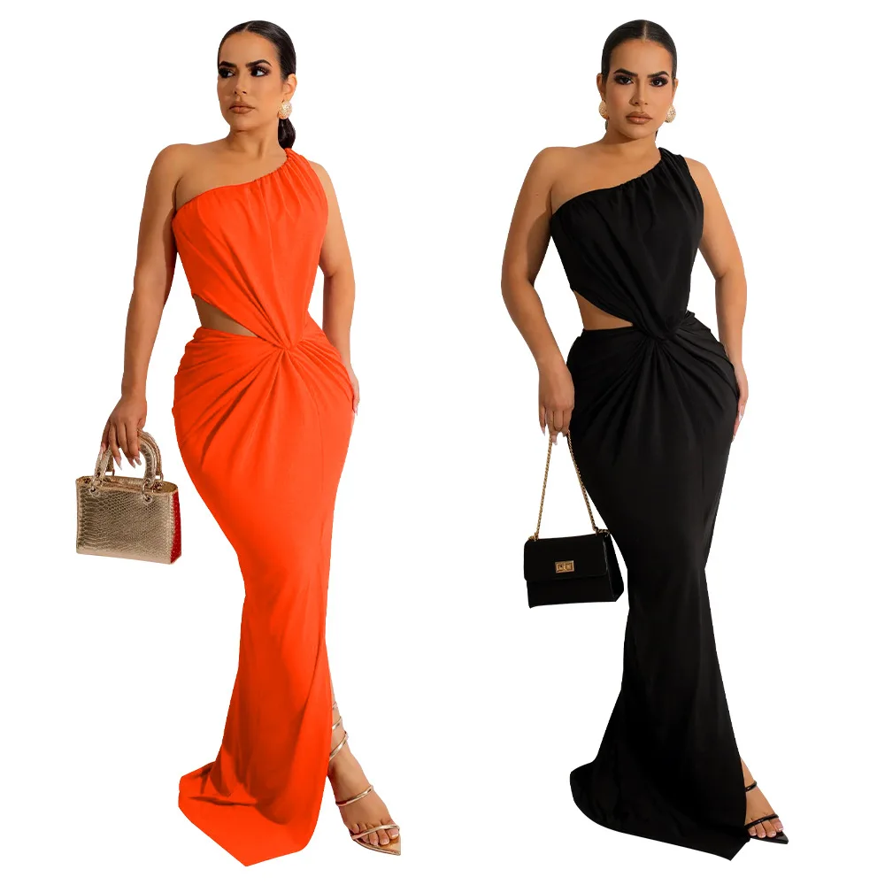 

New sexy waistless slouchy long dress solid color sleeveless pleated dress robe de soiree bleu roi wedding dresses for women