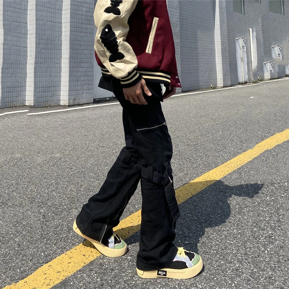 Emo Men Black Streetwear Gothic Straight Wide Leg Cargo Pants Y2K Alt Harajuku Baggy Trousers Low Rise Jeans Overalls Clothes