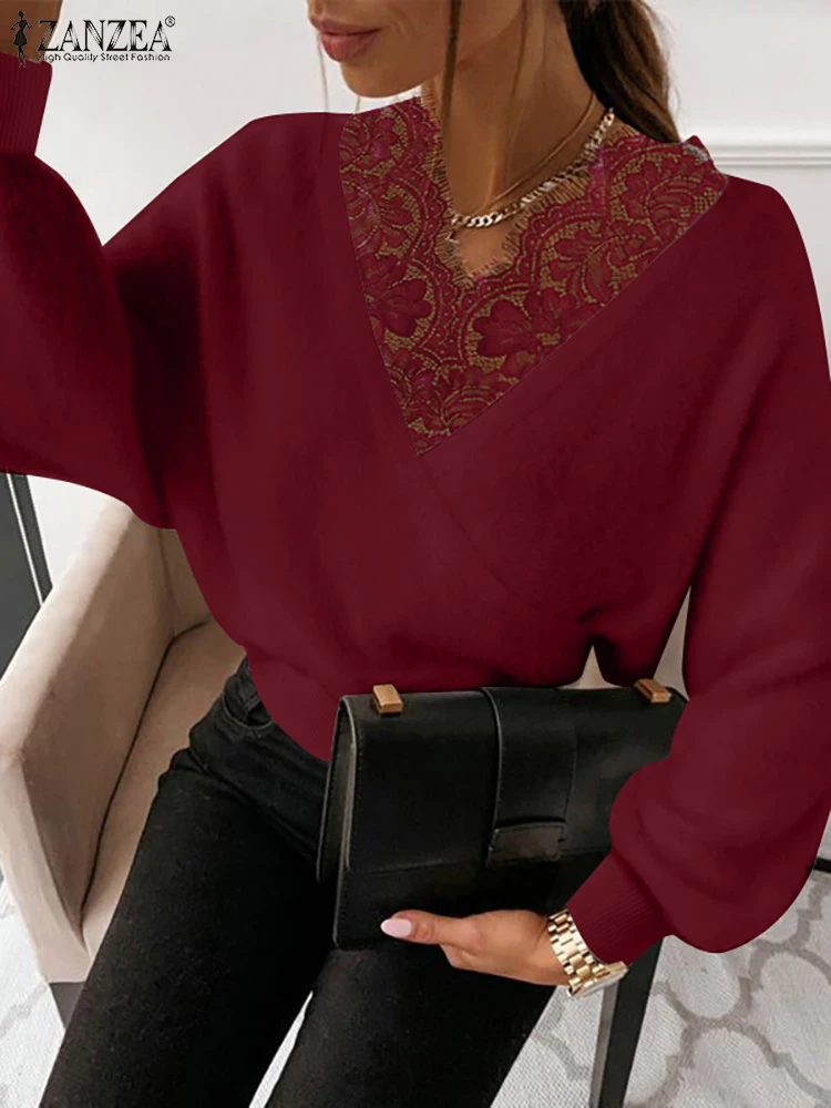 

Винтажные однотонные короткие пуловеры ZANZEA 2022, женский модный свитер на шнуровке, пикантные топы с V-образным вырезом, Осенние праздничные т...