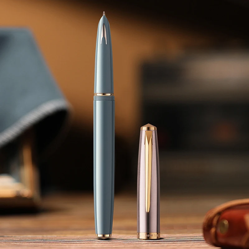 Ручка перьевая Hero 100 14K с золотым наконечником металлическая полустальная синяя и