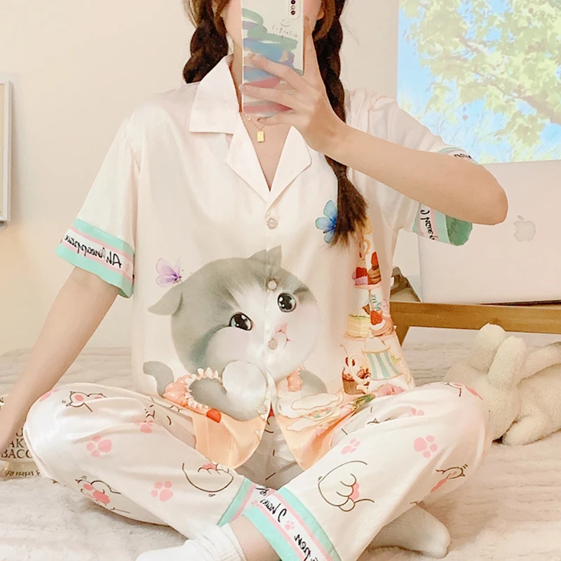 

Disney Kawaii Kitten Women's Pajamas Simple Ice Silk Two-piece Set Sleepwear Thin Loungewear Summer Pajamas for Women
