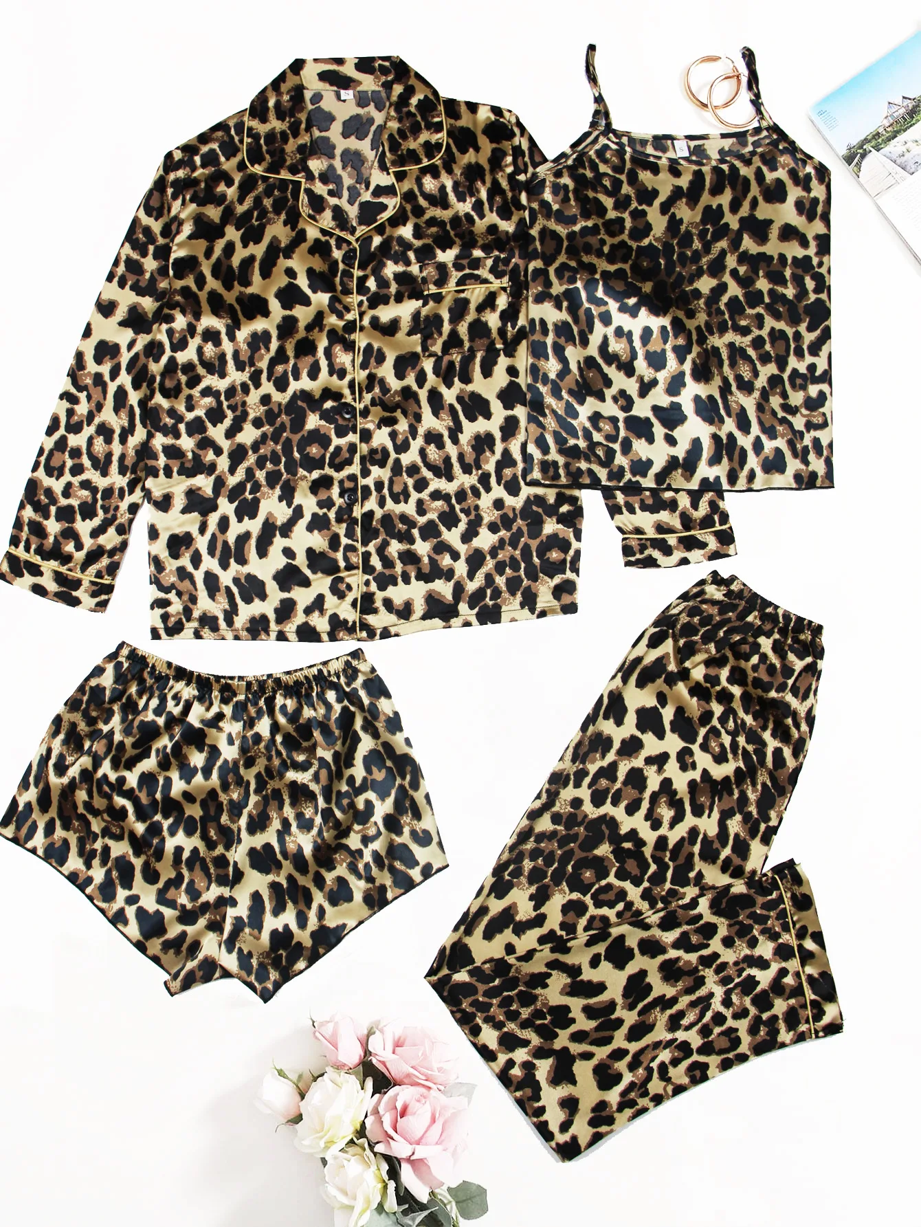 4pcs Pajama Set Women Sleepwear Sling Top Shorts Trousers Suit Pjs Loungewear Woman Pijama Set Spring Summer Autumn Home Clothes