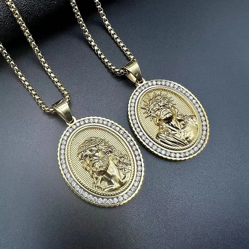 

Stainless Steel Gold Zircon Jesus Pendant Necklace