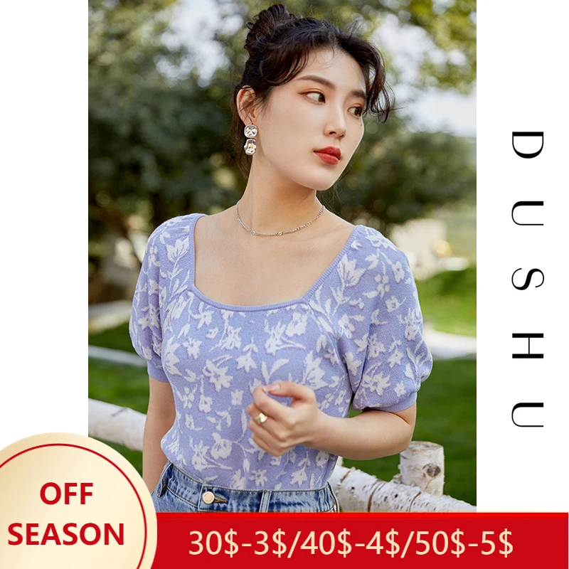 

DUSHU ретро свитер с квадратным вырезом Женская летняя Новинка 2021 стильная футболка с пышными рукавами фиолетового и зеленого цветов Топы для...