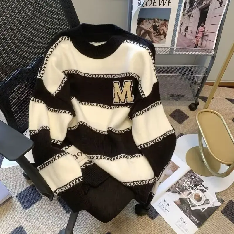 Женский Пуловер С Длинными Рукавами Полосатый Топ Trikeatage Круглым Вырезом