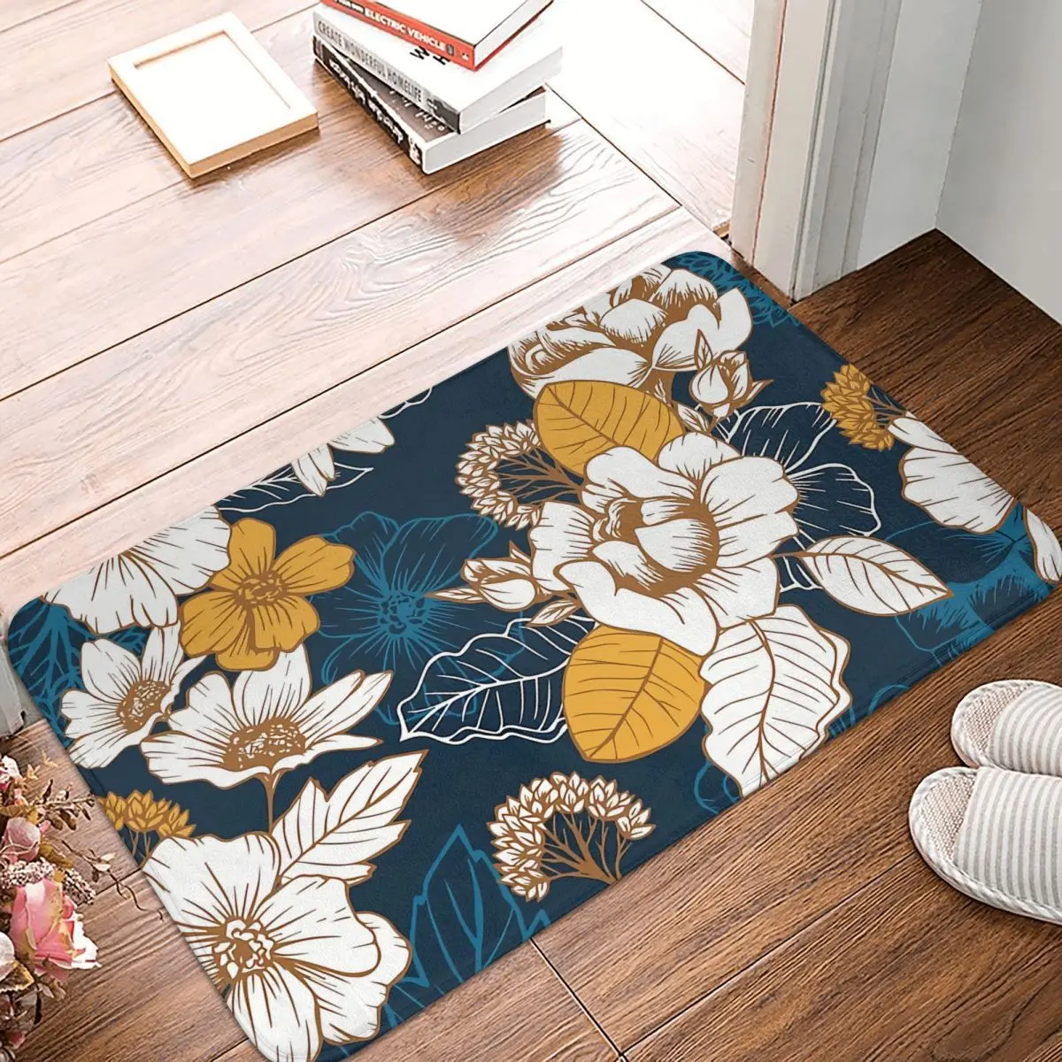 

Non-slip Doormat Navy And Gold Peony And Blossom Seamless Pattern Bath Kitchen Mat Prayer Carpet Indoor Modern Decor