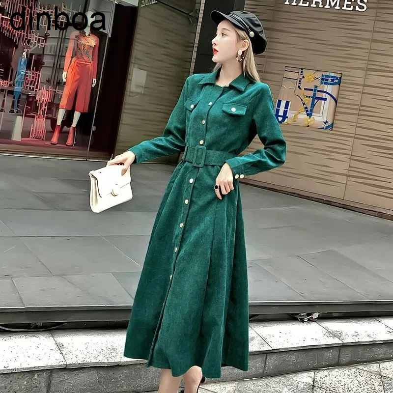 

Dinboacorduroy Retro Dress 2022 Spring and Autumn Women's New Korean Version Goddess Dress Fashion Solid Color Bottom Long Dress