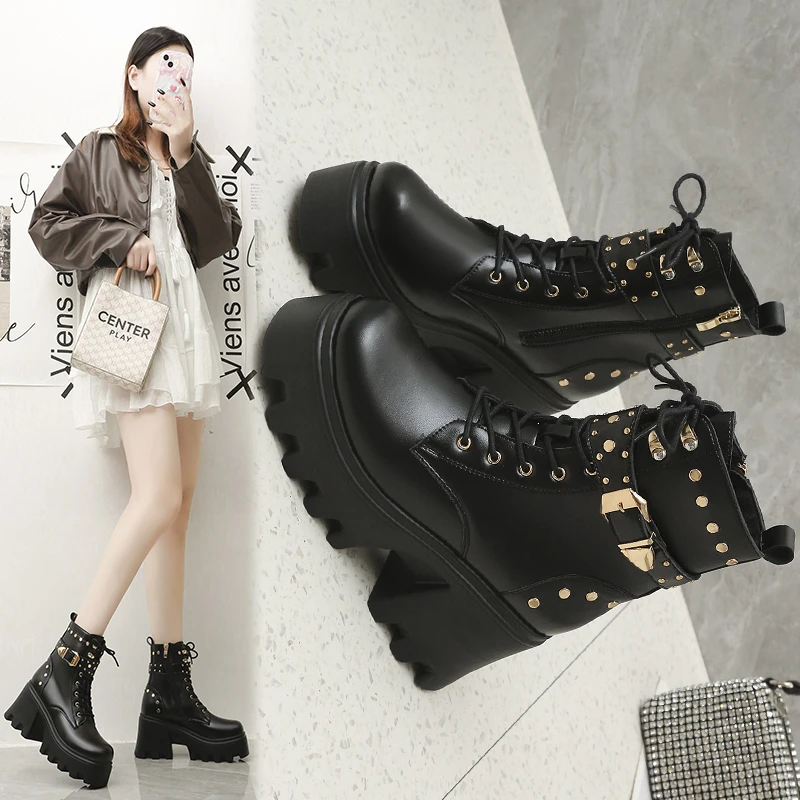 

Plus Size 35-42 Ankle Boots Ankle Boots Thick Heel Martin Muffin European American Lace-up Platform Boots High Heels