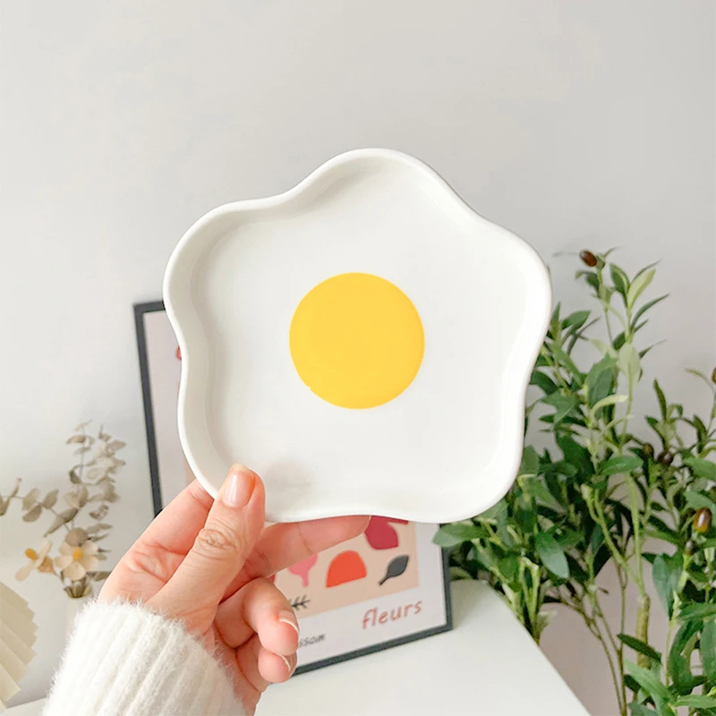 

Cute Egg Plate For Food Ceramics Kawaii Breakfast Cake Fruit Dessert Salad Decorative Dishes With Spoon Kitchen Tableware Gift