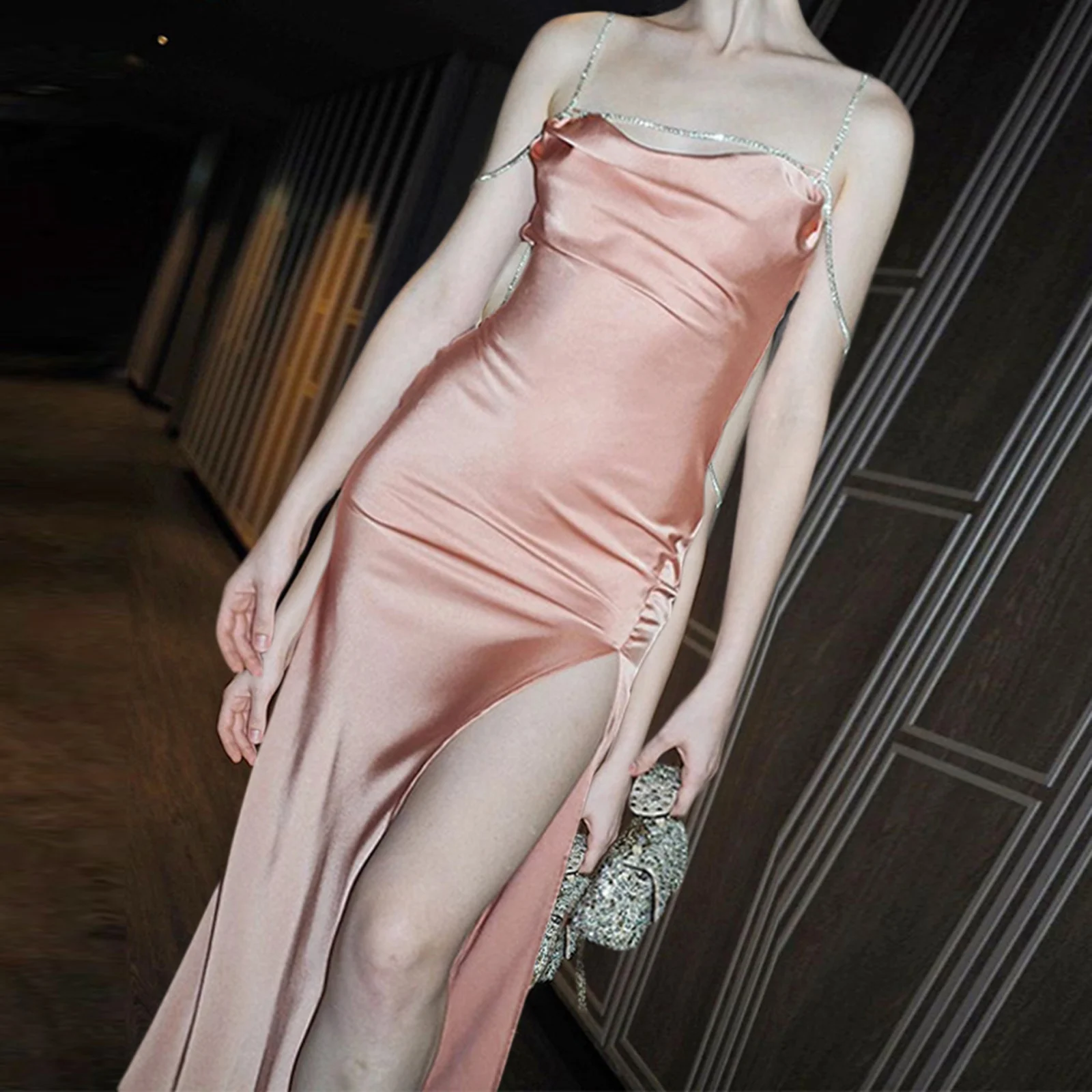 

Женское элегантное сексуальное атласное платье с высоким разрезом, женское однотонное коктейльное платье на бретелях, облегающее длинное платье, платья