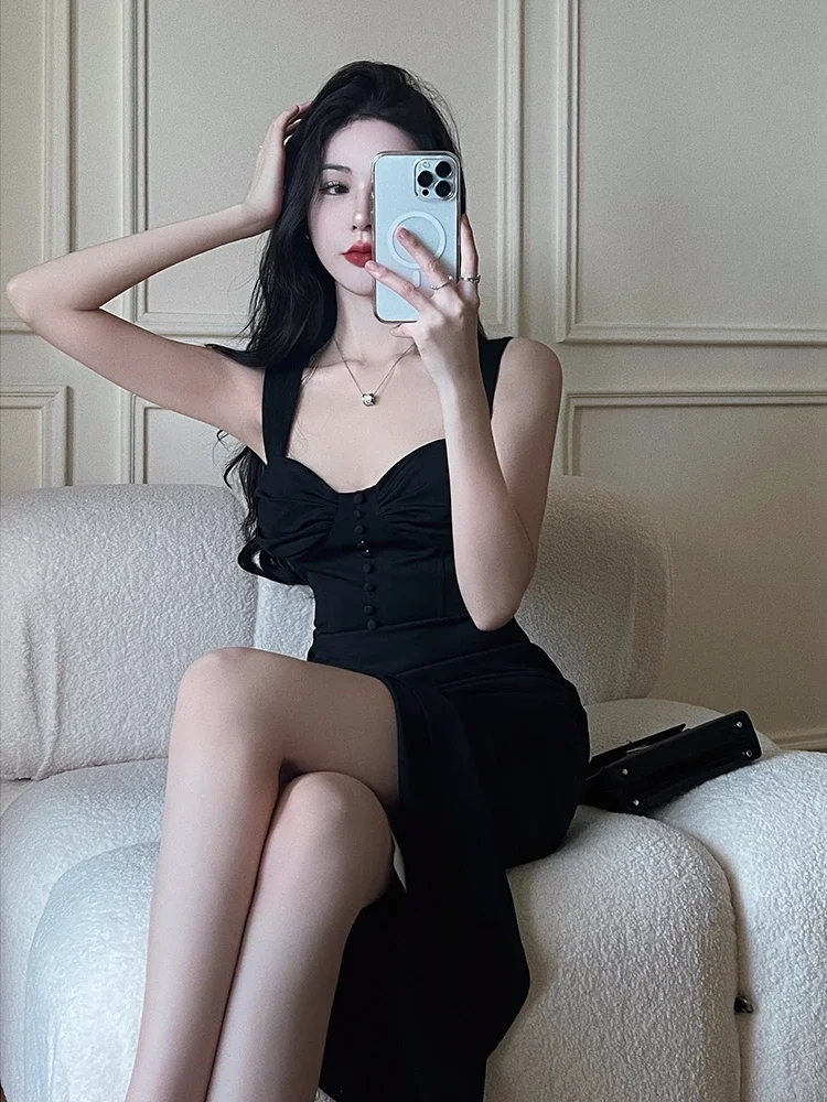 Ezgaga женское платье с разрезом на бретельках во французском стиле тонкие вечерние