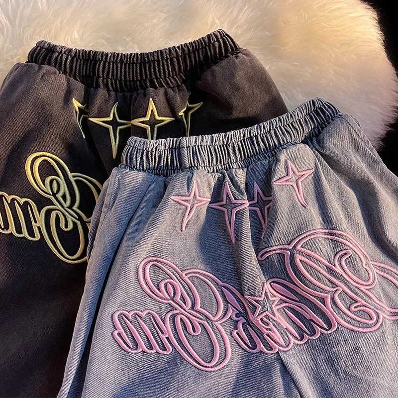 Harajuku Style Casual Shorts Summer Women Fashion Embroidery Letters Denim Shorts Girl Loose High Street Blue Short Pants Female