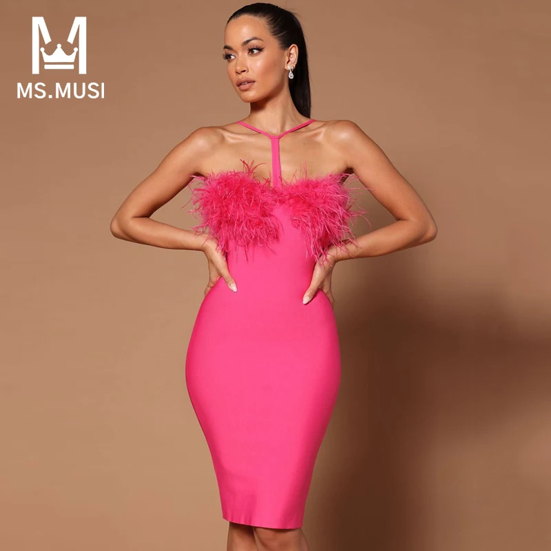 MSMUSI 2024 новое модное женское сексуальное платье с лямкой на бретельках и перьями