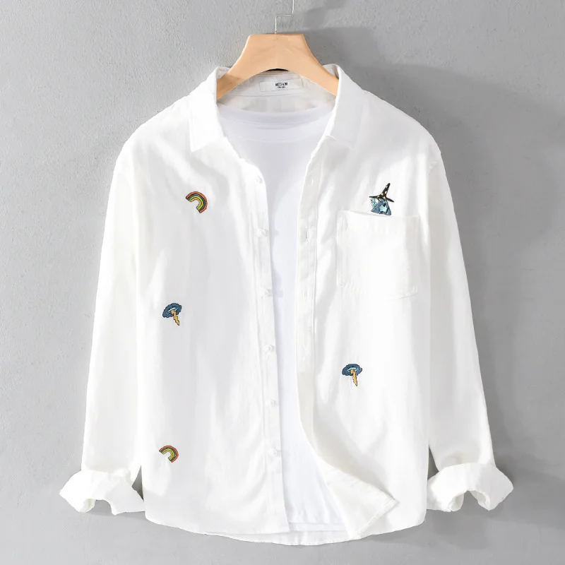 

Korean Streetwear Mens 100% Cotton Solid White Shirts For Men Casual Long Sleeve Black Embroidery Designer Shirts With Pocket