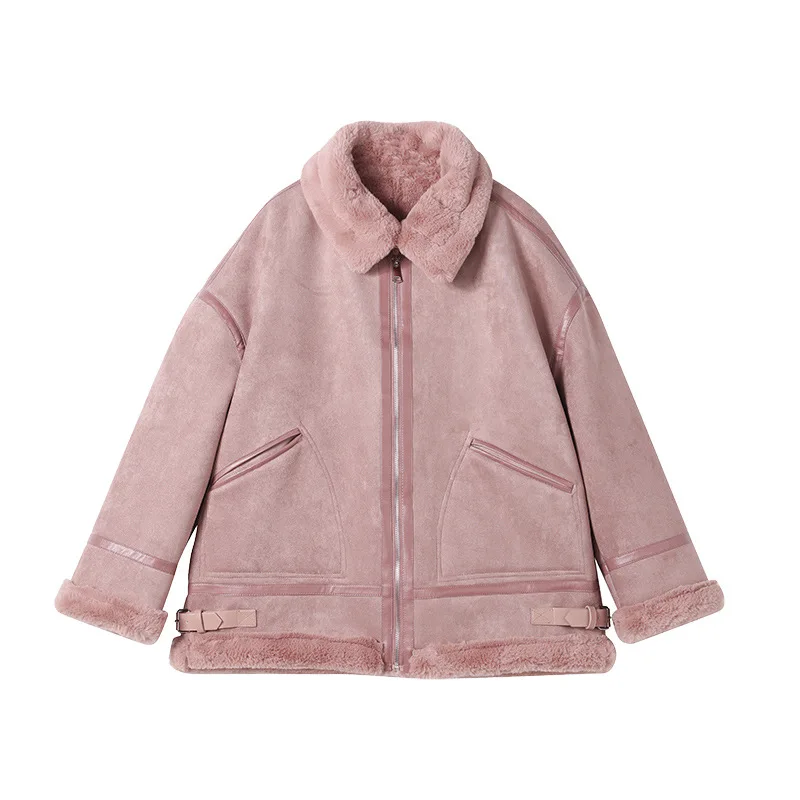 Pink lambswool coat women's winter thick coat