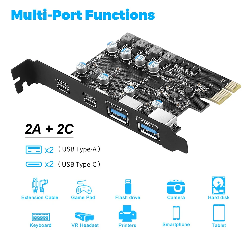 

PCI Express Card Adapter 2*USB A Port+2*USB C Port/USB3.2 GEN1 Expansion Module Card for Windows7/8/10/11/MacOS/Linux