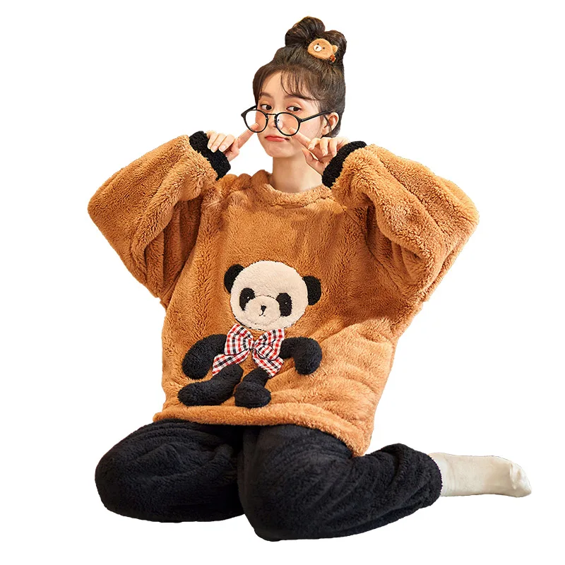 Winter Pajamas Coral Fleece Loose Version Pajama Set Inspissate Flannel Women Sleepwear Pullover Plus Size Cartoon Plush