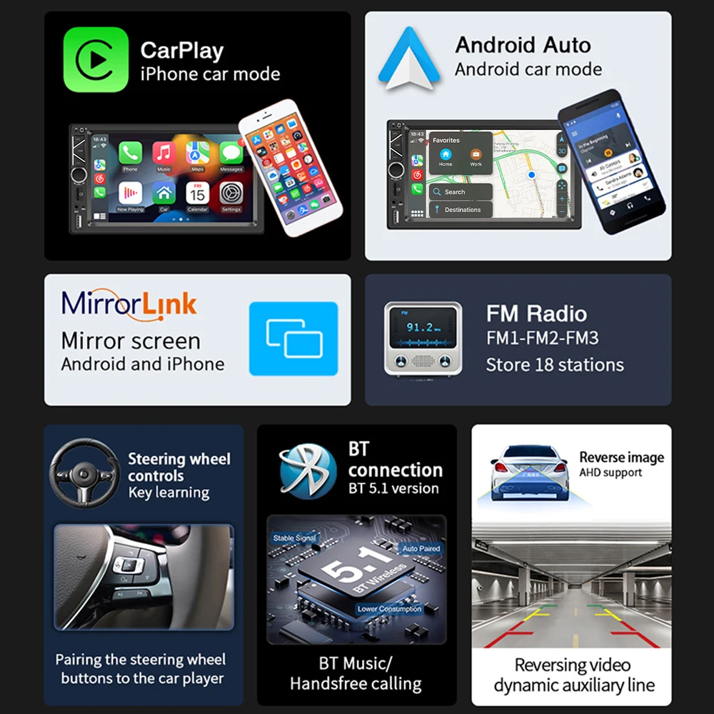 Универсальный 7-дюймовый автомобильный MP5-плеер Carplay 2 DIN Bluetooth-приемник гарнитура