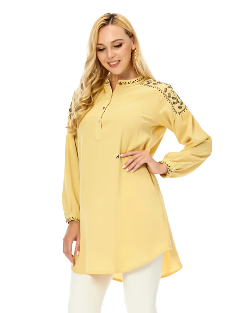 

Summer Women Tops 2022 Chic Ethnic Embroidered Button Up Round Neck Long Sleeve Loose Casual Blouse Dress Mini Solid