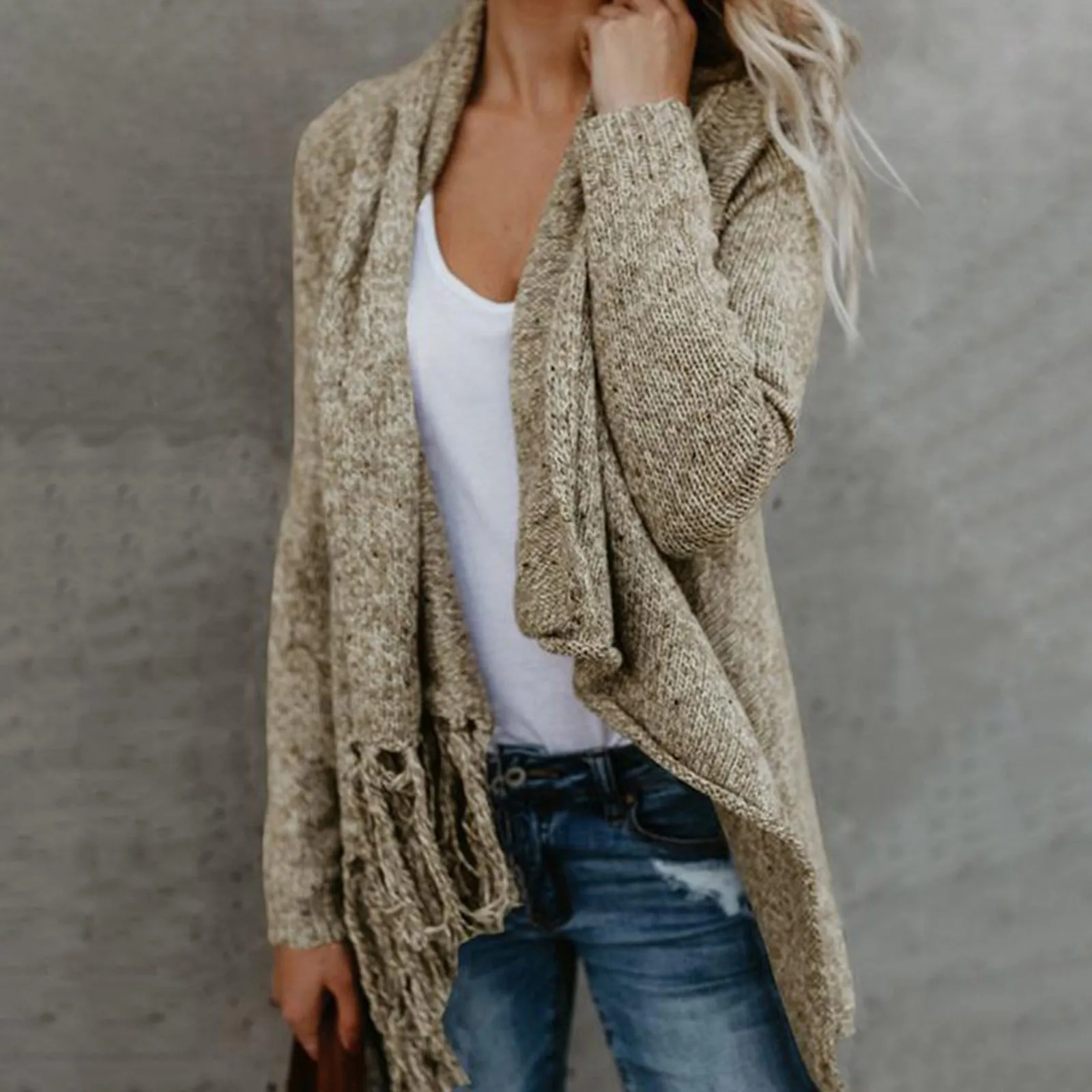 

Womens Tassel Hem Sweater Long Cardigan Knitwear Pullover Poncho Coat Cable Knit Sweaters for Women Pullover