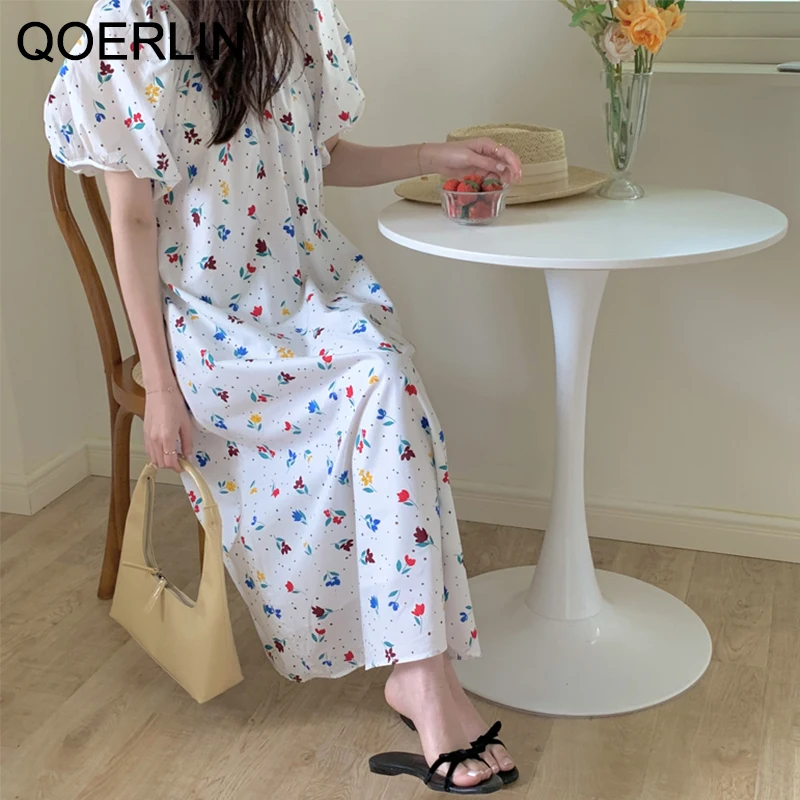

QOERLIN Women White Backless Dress Lace-Up Oversize Dress Summer U-Neck Lantern Sleeve Loose Casual Printed Floral Vestido Mujer
