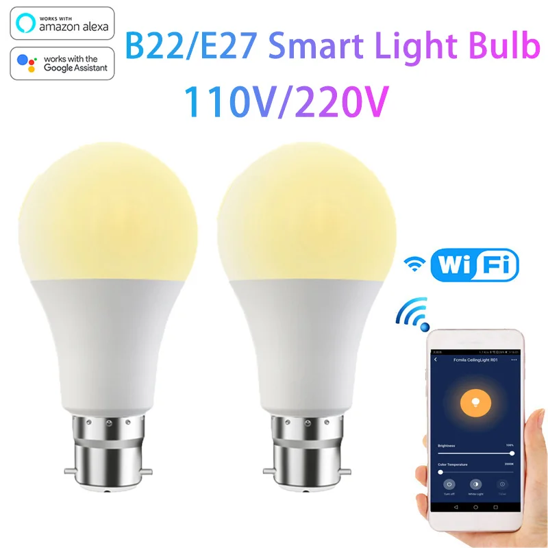 

Aubess 15W WiFi Smart Light Bulb, E27 B22 RGB LED Lamp Dimmable Smart Home Voice Control For Google Home, Alexa Yandex Alice