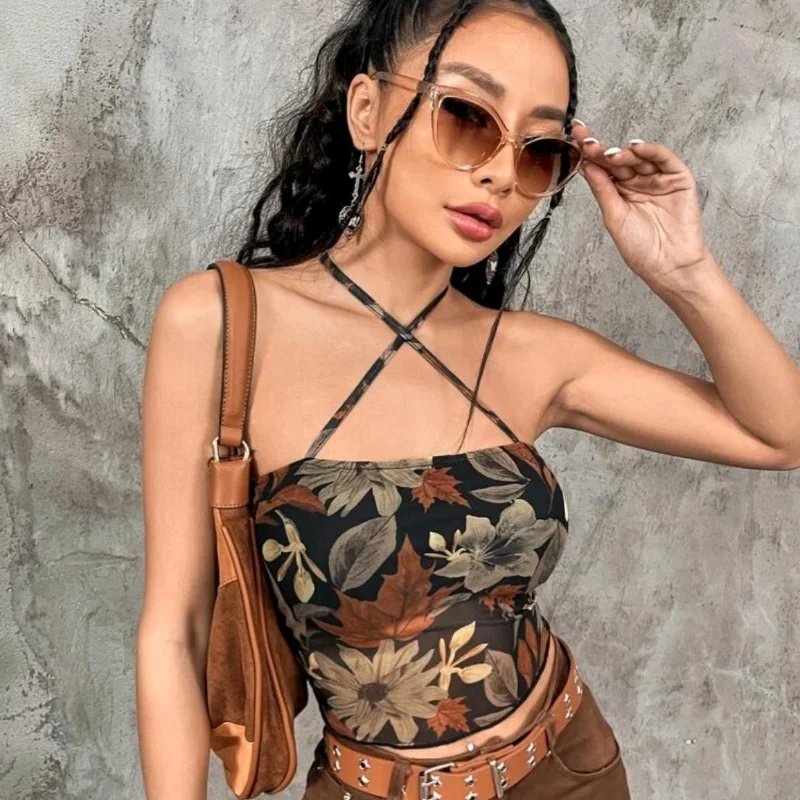 

Hikigawa Vintage Floral Print Sexy Tank Top Women Sleeveless Chic Fashion Cross Bandage Camisole Summer Slim Y2k Crop Tops Mujer