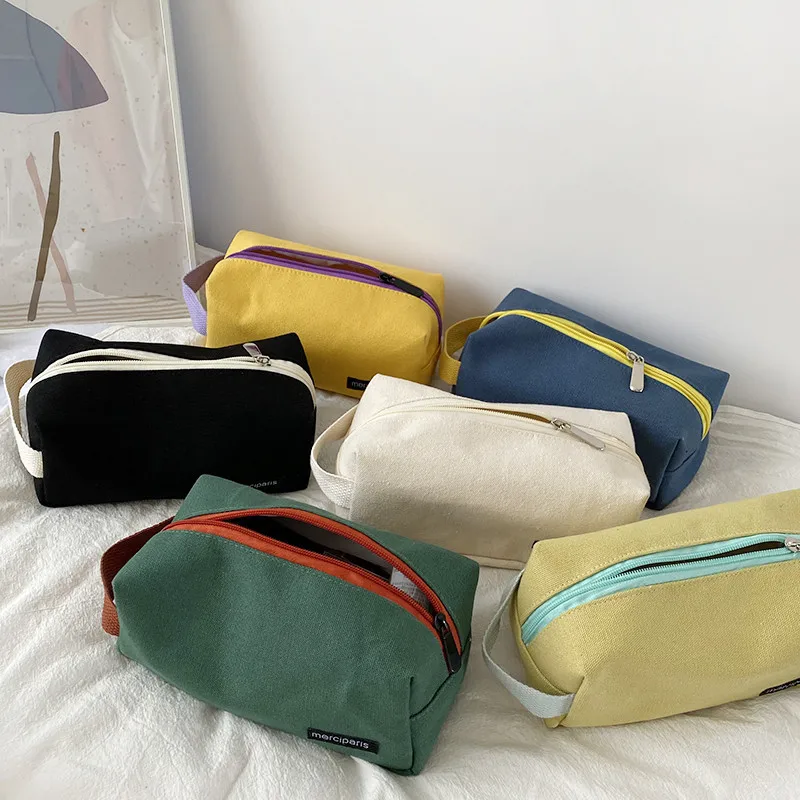 

New ColorContrast Makeup Bag Large Capacity Student Pencil Bag Hand Bag Canvas Finishing Storage Bag Wholesale Makeup Pouch